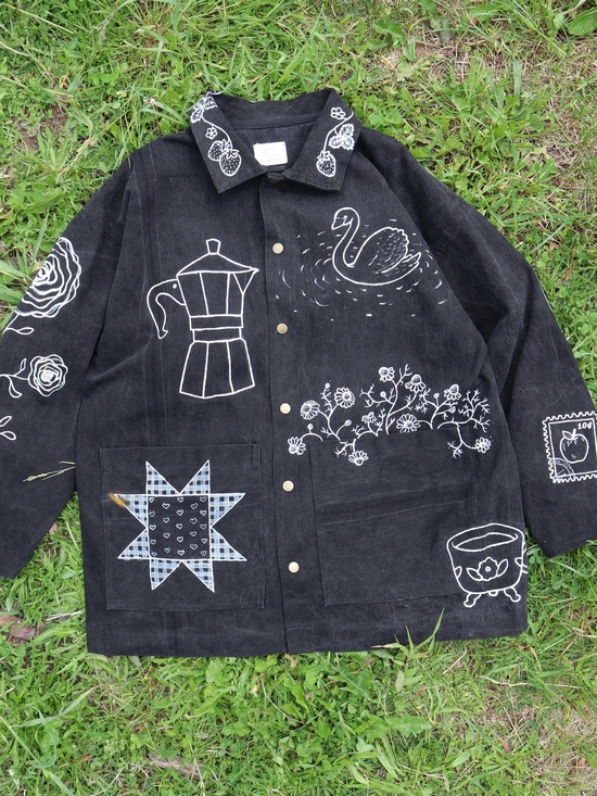 Handmade Jackets & Blazers - Upcycled Black Denim Jacket with White Folk Art Drawings L • XL